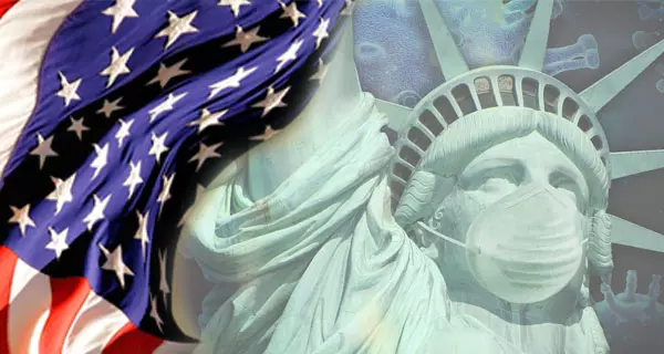 Fotomontage. Fotos: pixabay.com, Virus: Alexandra Koch, 5007055, US-Flagge: kalhh, 1075105