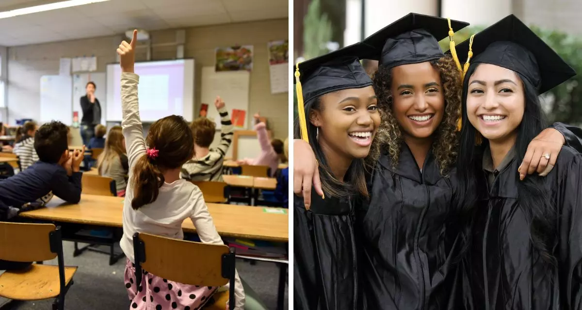 Vom Kindergarten bis zum Uni-Abschluss: Über die Bildungspolitik wird auch in den USA heftig gestritten. Collage via Canva.