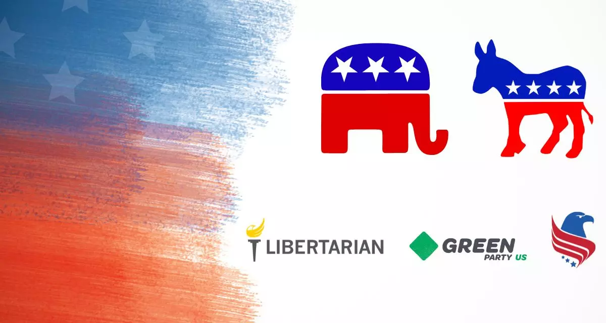 Die USA sind ein klassisches Zweiparteiensystem. Trotzdem gibt es neben Republikanern und Demokraten noch weitere kleinere Parteien. Grafik via Canva.